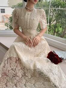 DAZY Elegant Romantic Lace Waist Dress, Suitable For Spring/Summer Holidays Sundress Tea Party Beige - Beige - View 1