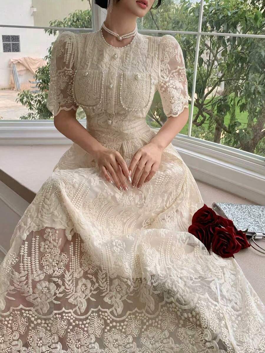 DAZY Elegant Romantic Lace Waist Dress, Suitable For Spring/Summer Holidays Sundress Tea Party Beige - Beige - View 1