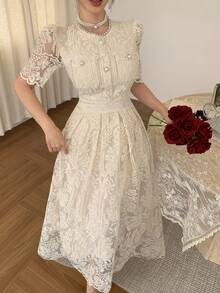 DAZY Elegant Romantic Lace Waist Dress, Suitable For Spring/Summer Holidays Sundress Tea Party Beige - Beige - View 8