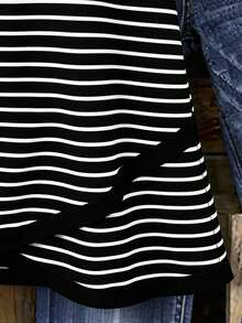 SHEIN Plus Size Women's Simple Casual Versatile Striped Round Neck Tank Top - Black and White - View 4