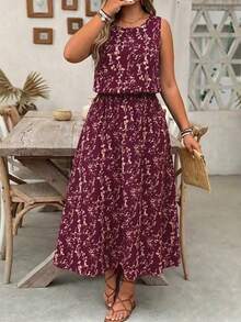 EMERY ROSE Plus Size Ditsy Floral Round Neck Casual Commuter Split Hem Dress - Purple - View 4