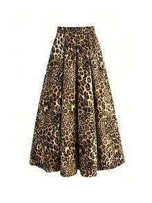 EMERY ROSE A-Line Fold Pleated Leopard Print High Waist Skirt - Brown - View 3