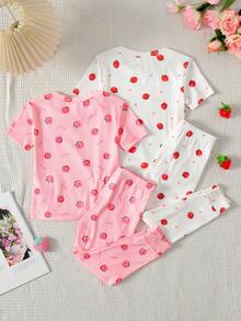 SHEIN Piyama Musim Panas Anak Perempuan Lucu Motif Kartun Stroberi, Kerah Bulat Berkerut, Lengan Pendek, Bahan Rajut, Nyaman dan Ramah Kulit, 4 Potong Pas Badan - Berwarna merah muda - View 2