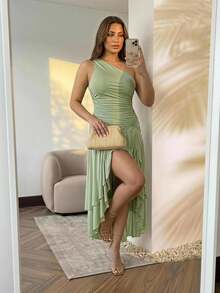 Hourglow Plus Size Asymmetrical Shoulder Elegant Casual Vacation Party Wedding Guest Dress Sage Green Summer For Hourglass Body Shape - Green - View 3