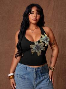 Rustia Plus Size Women's Floral Print Fitted Versatile Daily Outing Halter Top Suitable For Vacation Spring Summer - Black - View 3