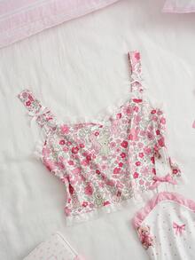 SweetSlumber Süßes niedliches Y2K Cartoon Bär Schleife Ditsy Blumen Spitze Patchwork figurbetontes Camisole Crop Top 2er Set Damen Pyjama Oberteil - Verschiedenfarbig - Übersicht 3