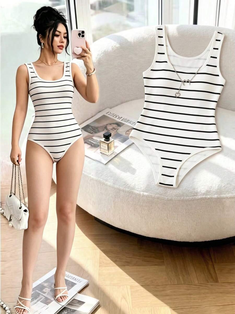 GlowEve Women's Wide Strap Backless Line Camisole - Black and White - View 1