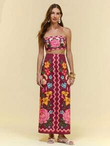 CAJUNI Mary Print Midi Top And Skirt Set - Burgundy - View 4