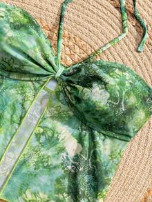 SHEIN Swim 春夏新款多色動物植物印花拼接數位印花半透明網紗顯瘦掛脖抓皺包臀鉛筆裙女款浪漫派對海灘度假三件式泳衣套裝 - 彩色 - 查看 6