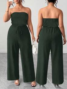 Elenzga Women's Plus Size Strapless Lace-Up Wide Leg Jumpsuit - Army Green - View 1