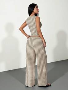 SHEIN PETITE 2件組女款休閒條紋前扣長袖上衣與寬腿褲套裝，秋季條紋兩件套 - 彩色 - 查看 3