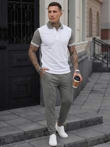 Manfinity CasualCool Men's Minimalist Button Half-Placket Short Sleeve Contrast Color Polo Shirt And Drawstring Waist Pocket Long Pants Set - White - View 4