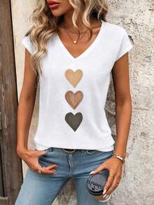 Louniche Women's Fashion Heart Pattern Print V-Neck Casual T-Shirt - White - View 4