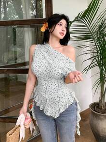Modelyn 黃色碎花不對稱肩褶皺荷葉邊極簡性感度假風女上衣 - 白色 - 查看 8