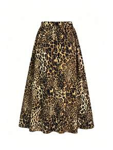 EMERY ROSE A-Line Fold Pleated Leopard Print High Waist Skirt - Brown - View 2