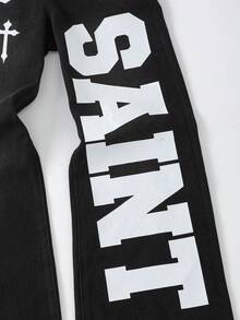 Kids Tween Boy Fashion Casual Y2k Vintage Cool Street Letter Cross Pattern Design Black Loose Jeans - Black - View 5