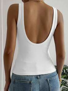 DAZY Women's Summer Casual Versatile Solid Color Backless Fitted Tank Top - White - View 2