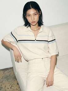 FRIFUL 女款半鈕扣POLO領寬鬆藍白條紋撞色T恤，學院風休閒，適合夏季、早午餐、日常上學穿著 - 白色 - 查看 13