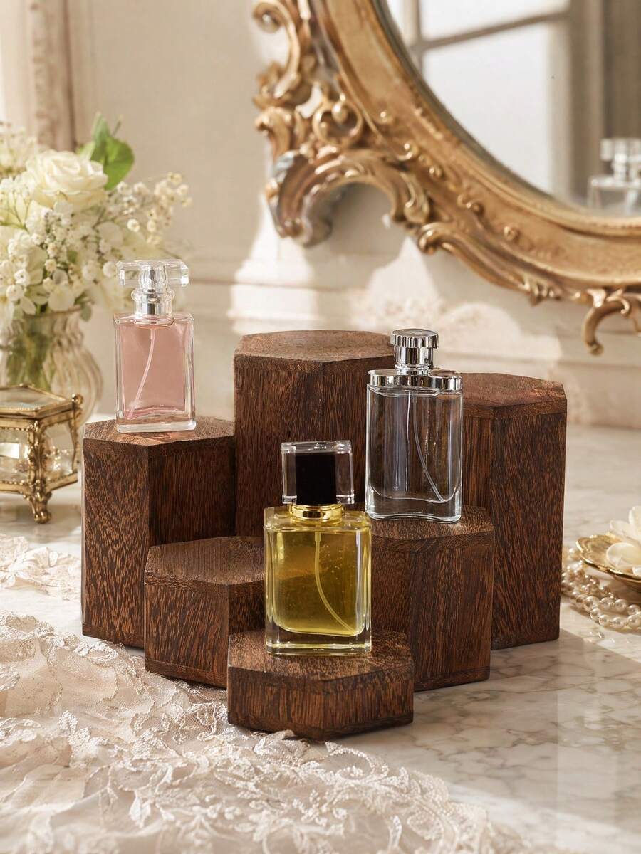 Cirelle 1Set Hexagonal Wooden Tiered Display Stand, Solid Wood With Natural Grain Texture, Staggered Layered Platforms For Figurines, Perfume And Small Trinkets, Multi-Height Storage Rack For Desktop Collectible, Vanity And Tabletop Ornament Arrangement. - multicolor - View 1
