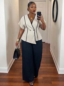 Veslaya Conjunto casual de uso diario para mujer de talla grande con top de cuello en V con bloques de color y pantalones de pierna ancha - Albaricoque - Ver 4