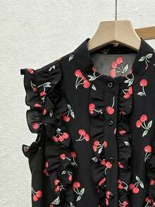 SHEIN Franclia 女款櫻桃印花休閒百搭日常外出上衣 - 黑色 - 查看 5