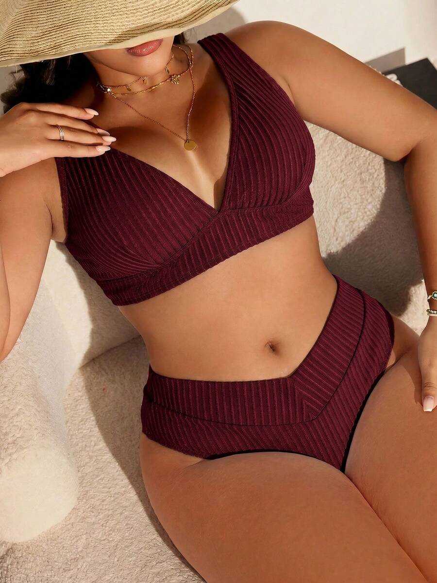 Swim Lushoire Summer Beach Minimalist Textured Fabric Solid Color Plus Size Swimsuit Set - Burgundy - View 1