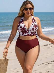 Swim Lushoire Plus Size Women's Summer Beach Halter Neck Tie Sexy Bikini And Triangle Bottom Two-Piece Swimsuit Set - Burgundy - View 5