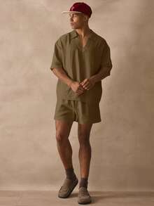 Musero Oversized Short Sleeve Deep V Neck Collared Drop Shoulder Thick Hem Linen Shirt Spring Summer Essentials Beachy Holiday - Khaki - View 5