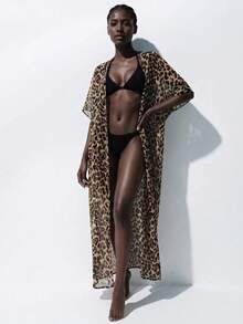 SHEIN 夏季海灘豹紋雪紡可拆卸腰帶和服度假風 - 彩色 - 查看 5