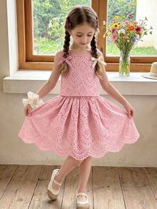 Souflis Souflis Young Girls 2pcs Set Pink Eyelet Embroidery Sleeveless Tank Top & Scalloped Hem Flared Skirt Outfits Sweet Boho Holiday Clothes - Pink - View 4