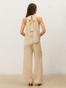 CielaLinda Women's Cowl Neck Chiffon Halter Top Asymmetric Hem Pants Set Brunch Office Tea Party Beige Summer Elegant French - Apricot - View 2