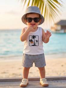3-Piece Baby Boy Summer Casual Set, White Sleeveless Tank Top With Square Frame Island Coconut Tree Sunset Print, Full Vacation Vibe; Bottom Paired With Dark Gray Fine Vertical Striped Elastic Waist Shorts, Matching Same Fabric Striped Bucket Hat, Sleeveless Cut Cool And Breathable, Simple And Timeless Color Palette, Suitable For Daily Outings, Beach Trips, Vacation Wear, Beach Outfit - Black - View 1