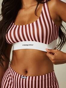 MISSGUIDED Striped Bralette With Logo Tape Band Scoop Neck Crop Top Bra Candy Stripe Summer Beach - Pink - View 4