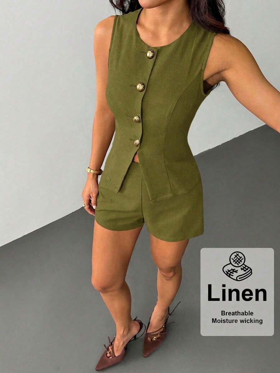 SHEIN PETITE 女款腰部套裝,優雅休閒,夏季女裝,適合嬌小女性 - 軍綠色 - 查看 1