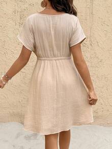 SHEIN Boat Neck Solid Color Waist Bowknot Decor Maternity Dress - Apricot - View 2