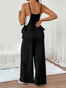 SHEIN Maternity Summer Casual Solid Color Spaghetti Strap Jumpsuit,Autumn Outfit For Women - Black - View 2