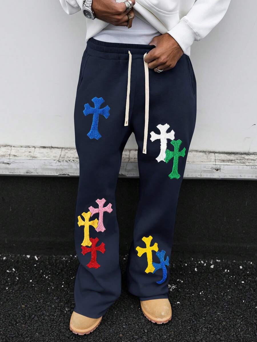 PAVTROS Men's Cross Patchwork Drawstring Waist Casual Sweatpants - Navy Blue - View 1