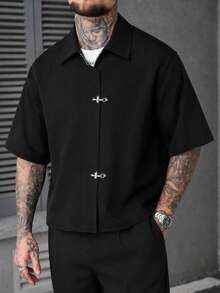 SLATEMANN Men's Airplane Buckle Placket Short Sleeve Casual Commuter Shirt - Black - View 2