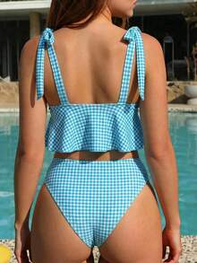 Swim Mod Setelan Baju Renang Pantai Musim Panas 2 Potong Wanita, Atasan Tali Tebal Motif Kotak-kotak Cokelat Kopi dengan Bawahan Bikini Tali Serut Berkerut di Samping - Royal Blue - View 2