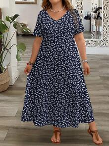 EMERY ROSE Women's Plus Size Casual Minimalist V-Neck Short Sleeve Dress Suitable For Summer - Navy Blue - View 6
