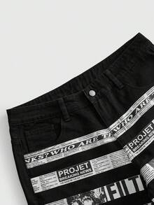 ROMWE MEN Grunge Punk Men's Casual Denim Shorts With Pocket, Button And Slogan Graphic Print, Versatile For Daily Wear And Travel - Black - View 3