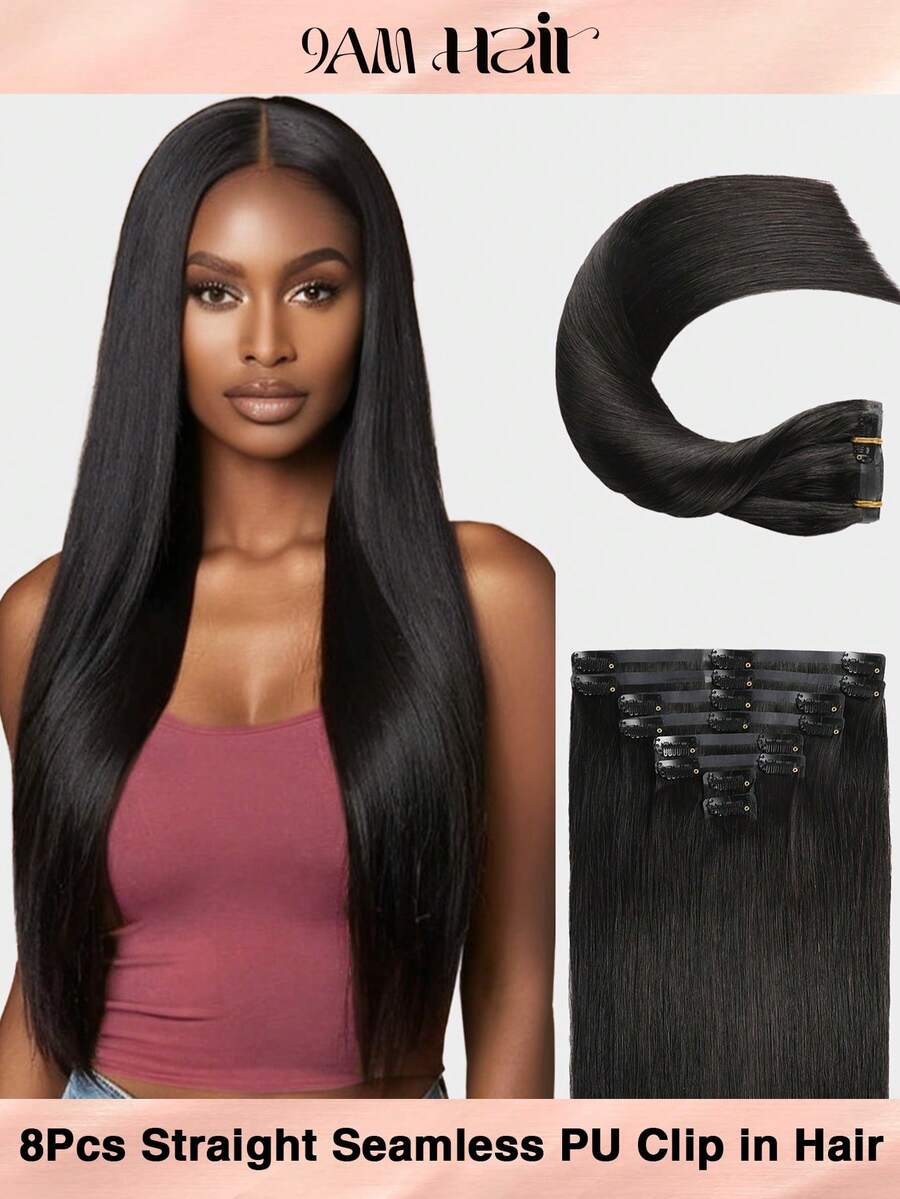 Seamless Clip Ins 每套 8 件含 18 个夹子 无缝 PU 夹入式接发 真人发 隐形 PU 皮肤纬纱直夹入式 100% 未加工真人发接发 - SNatural - 查看 1