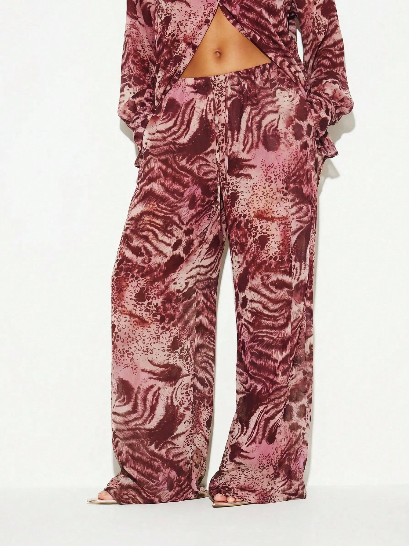 Mixed Animal Print Flowy Wide Leg Trousers