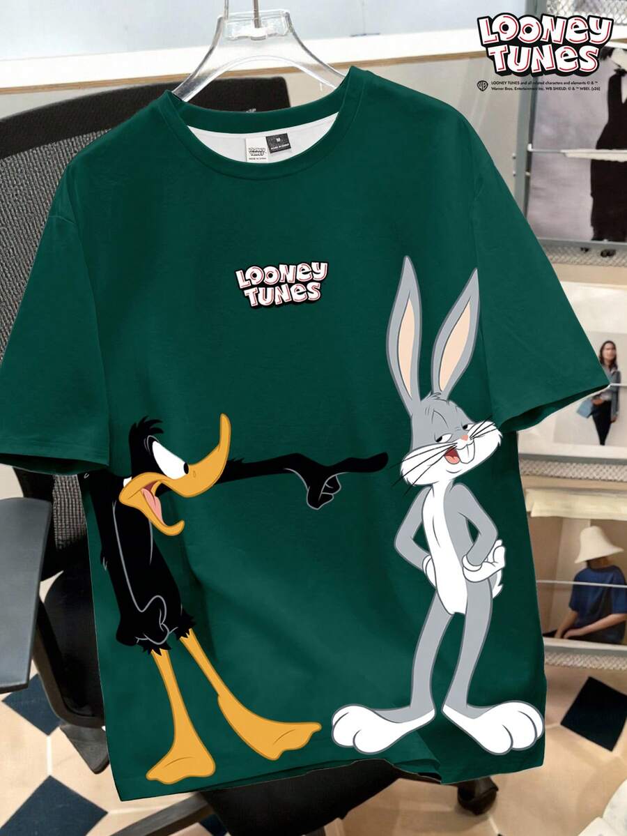 Looney Tunes X Manfinity Manfinity Joysei 男士卡通印花圆领宽松休闲短袖T恤 - 墨綠色 - 查看 1