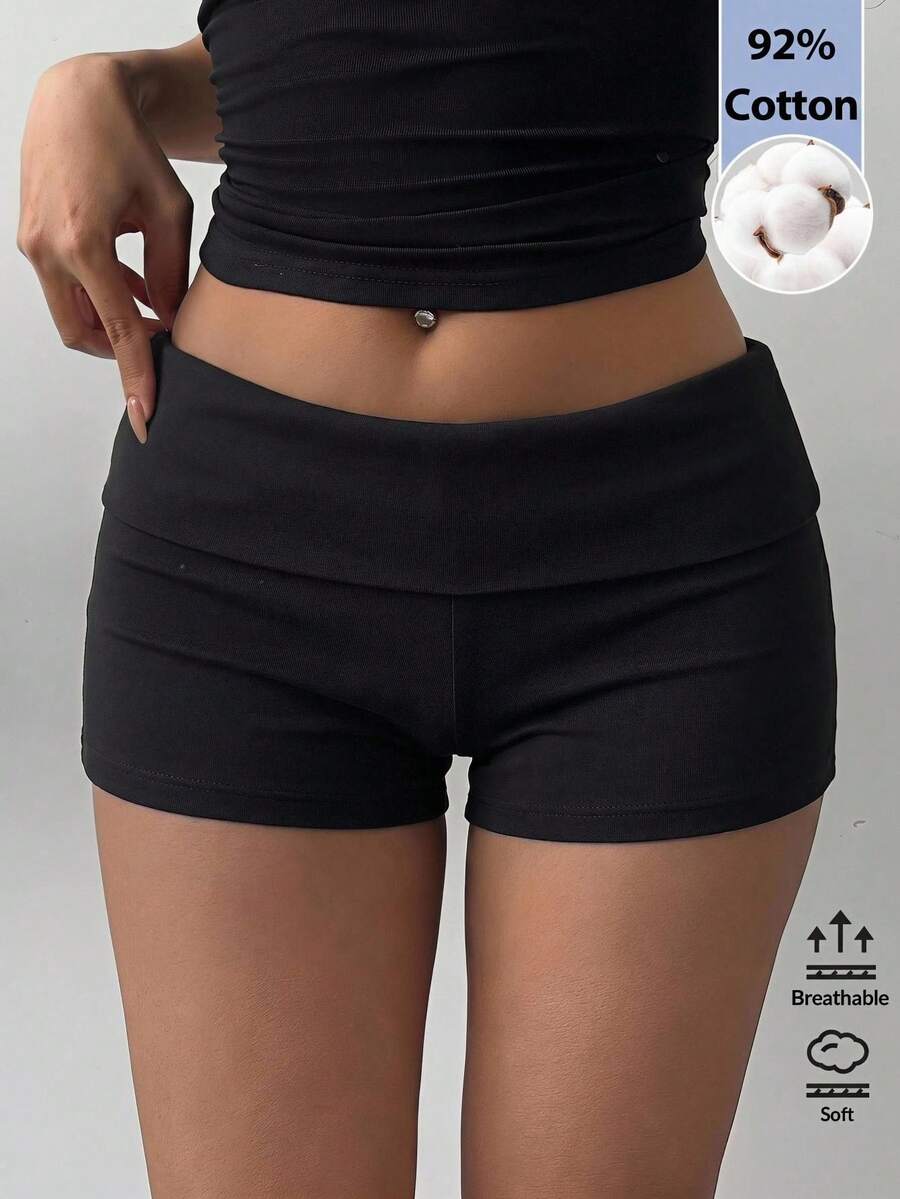 SHEIN BASICS Shorts de punto acanalado de unicolor casual para mujer, atuendo de verano para mujer - Negro - Ver 1