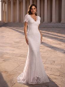 Glamrae Elegant Minimalist Lace Deep V-Neck Eyelash Trim Embroidered Sheer Short Sleeve Mermaid Floor-Length Bridal Gown For Wedding Party Formal White Spring - White - View 8