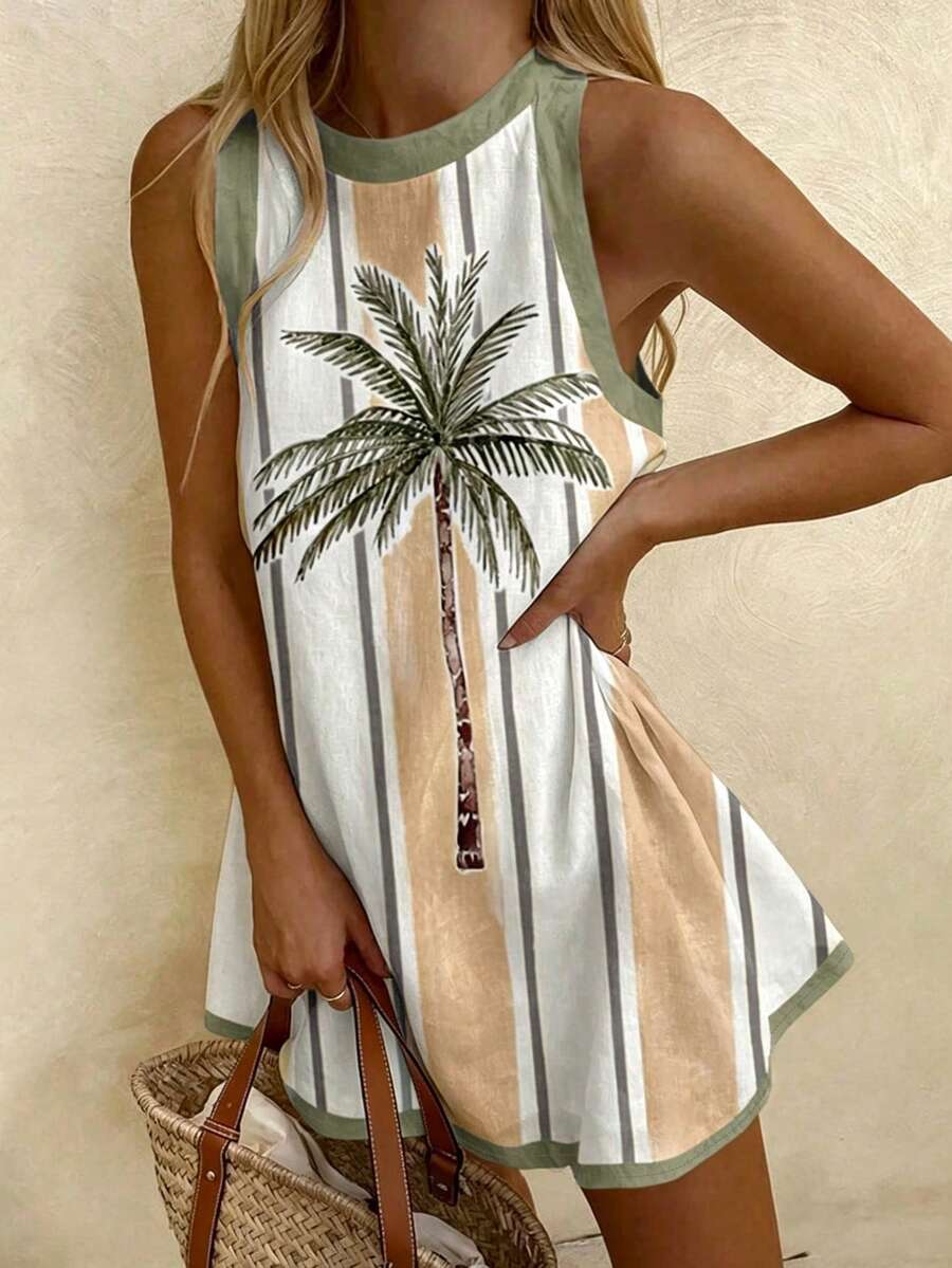 Vaclyn Women's Vacation Palm Tree Striped Round Neck Sleeveless Mini Dress