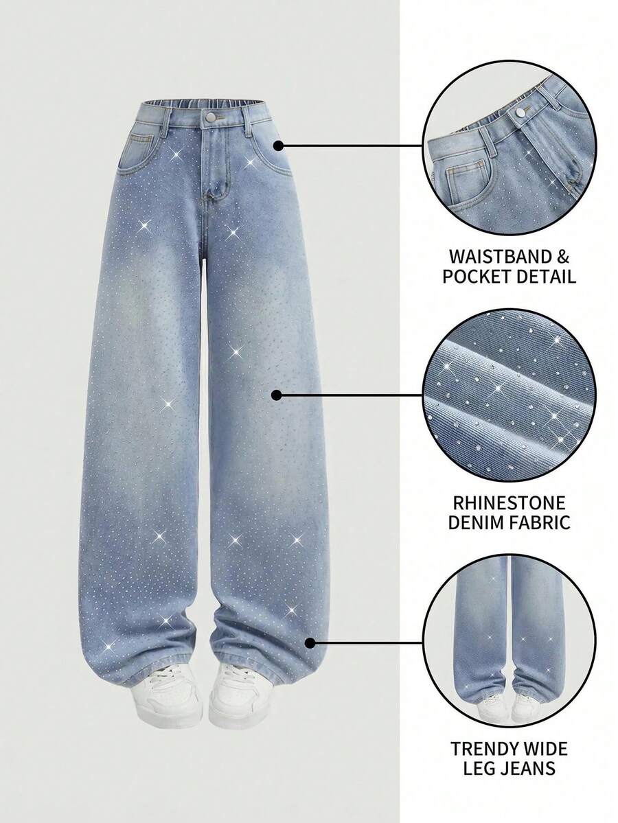 SHEIN 青少年女孩時尚休閒 Y2K 復古酷感街頭可愛風亮片藍色寬鬆牛仔褲,適合日常穿著、春夏電音節慶與街頭穿搭 - 淺色水洗藍 - 查看 1