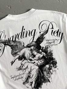 Manfinity ZONE917 Boxy Cropped Loose Gothic Angel Graphic White Oversized T-Shirt, Suitable For Spring And Summer, Gift For Friends - White - View 2