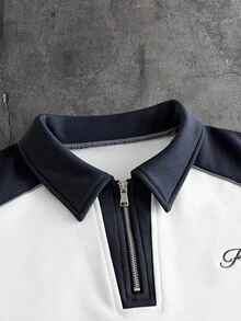 AXEPEAK 男士對比色鈕扣半開襟插肩袖長袖休閒日常POLO衫 - 彩色 - 查看 4
